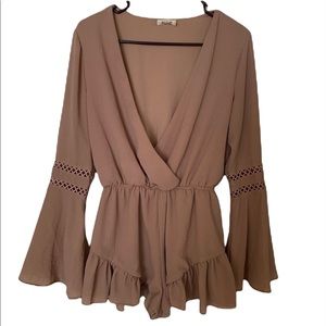 Essue Brand Tan Boho Deep V-Neck Romper